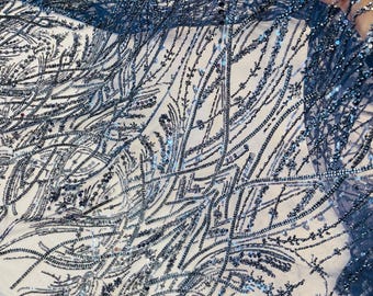 Navy Blue Beaded Lace Fabric | Beads & Sequin Embroidery By The Yard