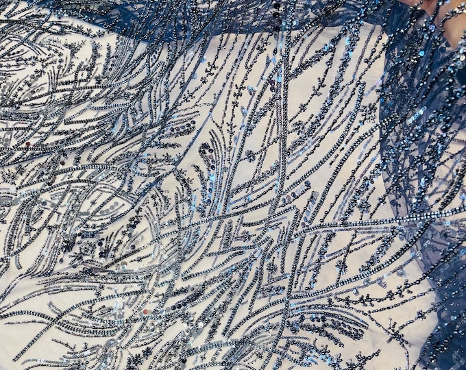 Navy Blue Beaded Lace Fabric | Beads & Sequin Embroidery By The Yard