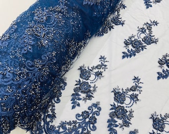 Navy Embroidered Floral Beaded Fabric: Bridal Wedding Lace