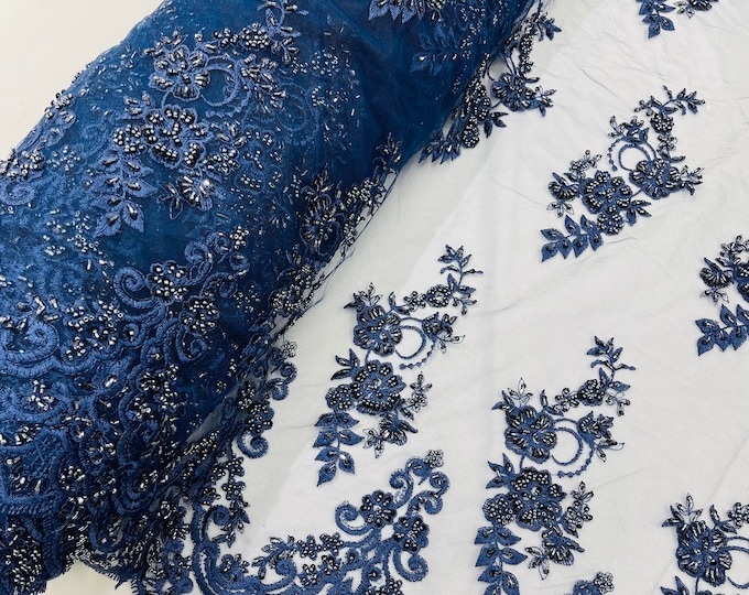 Navy Floral Cluster Beaded Fabric - Embroidered Flower Beaded Fabric Wedding Bridal Sold By The Yard