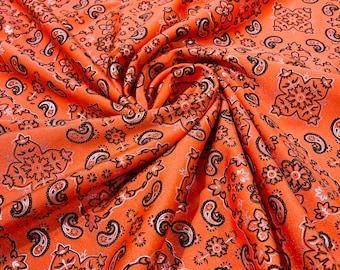 Orange Bandana Print Fabrics - Nylon Spandex Fabric 4 Way Stretch Sold By The Yard (Pick a Size)