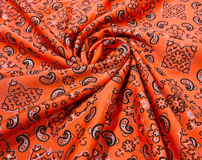 Orange Bandana Print Fabrics - Nylon Spandex Fabric 4 Way Stretch Sold By The Yard (Pick a Size)