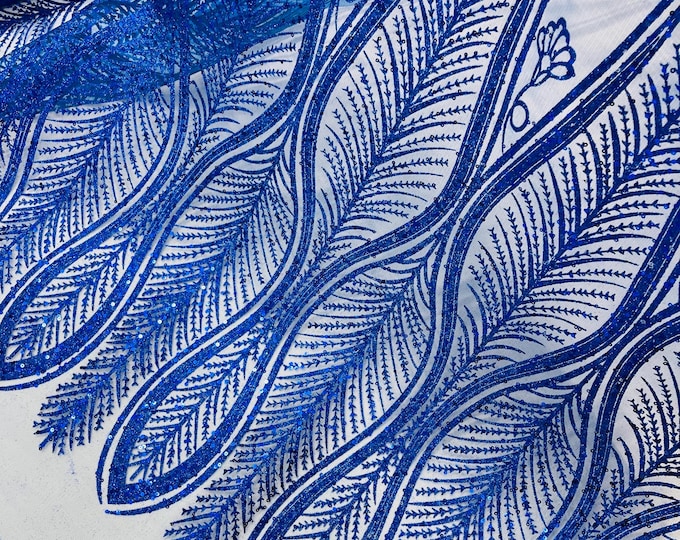Royal Blue Glitter Sequin on Mesh Lace Fabric By The Yard for Wedding Decor, Damask Glitter Sequin Fabric Bridal/Prom, Shimmer Glitter