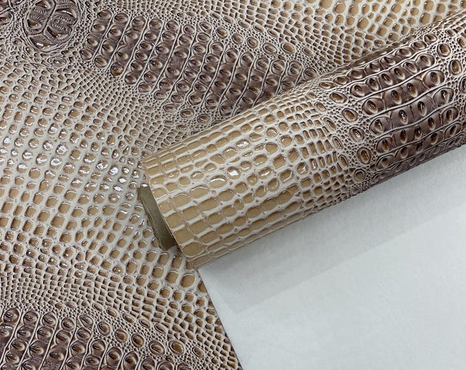 Milky Hazelnut Gator 3D Embossed Vinyl Fabric Faux Fake Leather Vinyl Fabric, Embossed Crocodile Fabric By The Yard Upholstery Purses Shoes