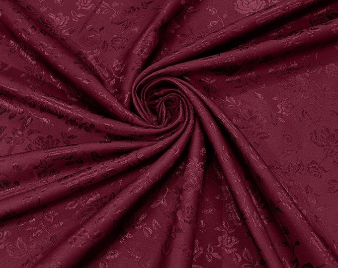 Burgundy Flower Brocade Jacquard Satin Fabric, Sold By The Yard Polyester Satin Floral Wide 58/60"  (Choose The Quantity)
