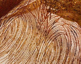Burnt Orange Glitter Sequin on Mesh Lace Fabric, Wedding Decor Fabric Bridal/Prom/Sparkle