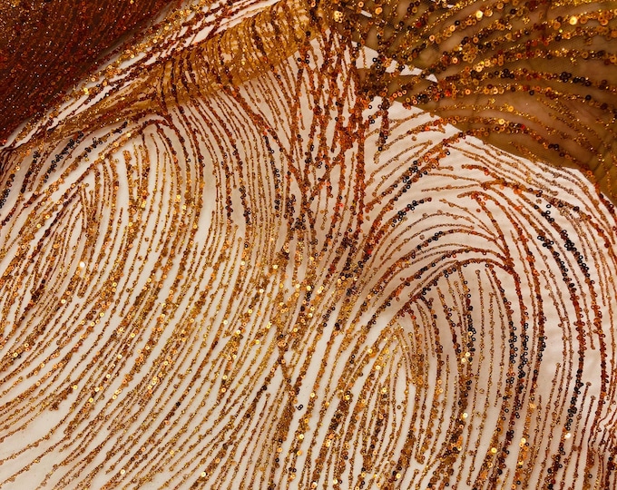 Burnt Orange Glitter Sequin on Mesh Lace Fabric, Wedding Decor Fabric Bridal/Prom/Sparkle