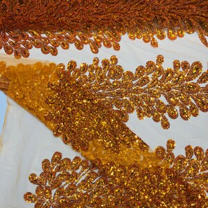 Burnt Orange Vegas Design with Embroidered Sequins and Beads On Mesh Beaded Peacock Feathers 3D Lace Fabric for Prom Dress Choose The Panel image 9