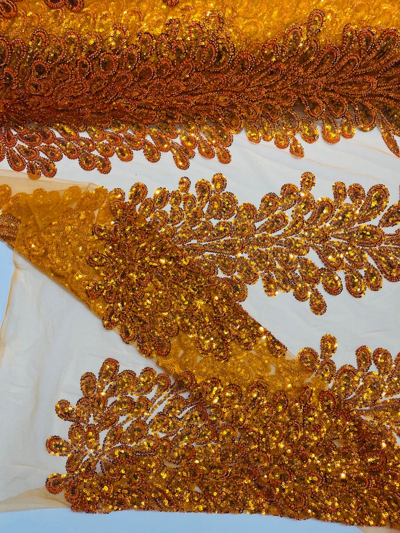 Burnt Orange Vegas Design with Embroidered Sequins and Beads On Mesh Beaded Peacock Feathers 3D Lace Fabric for Prom Dress Choose The Panel image 9