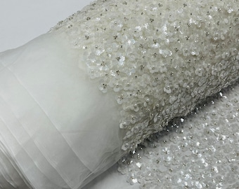 Off White Floral Tulle Fabric, Beaded Sequin Embroidery, Bridal Wedding Fabric