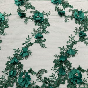 dark green lace applique, heavy bead lace applique, 3D lace applique with  rhinestones, bridal applique, 3d floral, 3d flower applique