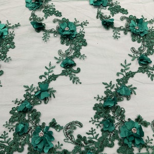 Hunter Green 3D Floral-Flower Lace Fabric | by the yard | Embroidered With Sequins & Rhinestone 3D Flower| Lace Floral | Bridal Wedding