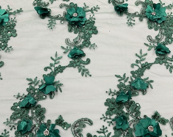 Hunter Green 3D Flower Lace Fabric: Embroidered Sequins & Rhinestones