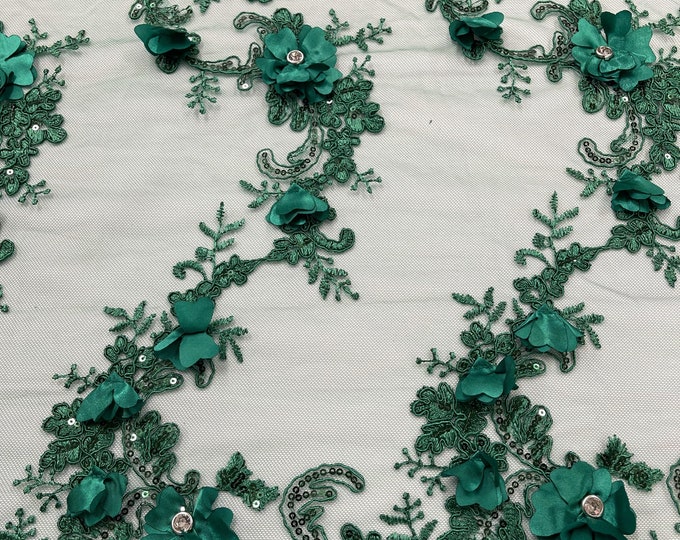 Hunter Green 3D Floral-Flower Lace Fabric | by the yard | Embroidered With Sequins & Rhinestone 3D Flower| Lace Floral | Bridal Wedding