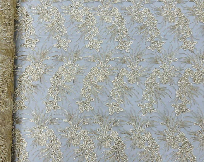 Metallic Ivory/Gold Corded Floral Lace Fabric, by the yard - Embroidery With Sequins on a Mesh Lace Fabric For Gown, Wedding-Bridal