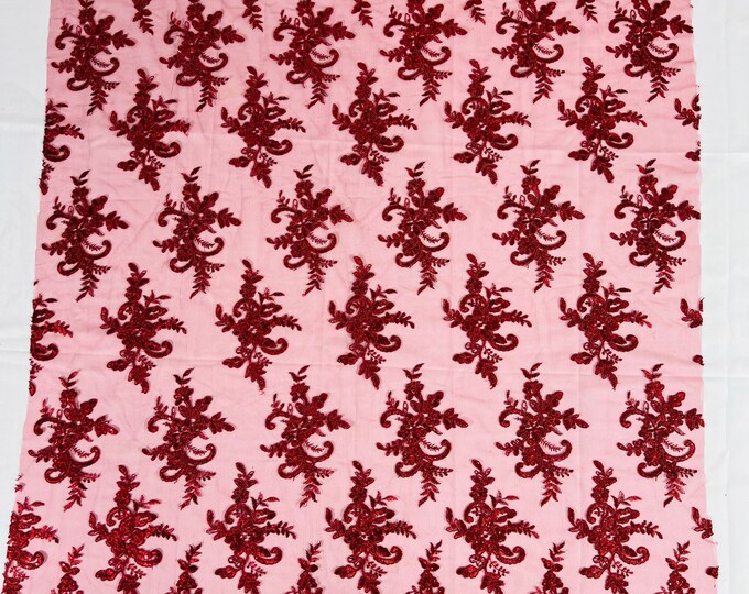 Burgundy Floral Lace Fabric, by the yard Embroidery With Sequins on a Mesh Lace Fabric For Wedding-Bridal
