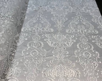 White Floral Lace Fabric with Sequins, Bridal Gown Mesh Lace By The Yard