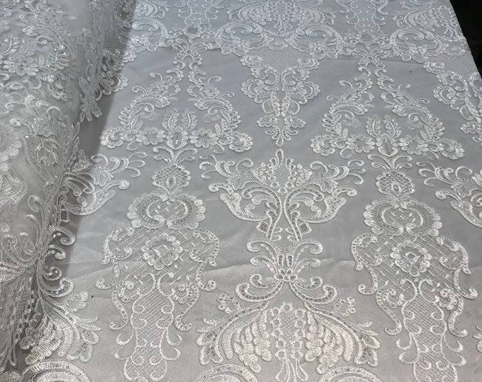 White Lace Floral Lace Fabric, Embroidery With Sequins on a Mesh Lace Fabric By The Yard For Gown, Wedding-Bridal (Choose The Quantity)