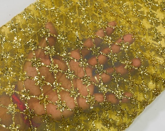 Gold Glitter on Mesh Lace Fabric By The Yard for Wedding Decor - Geometric Glitter Fabric Bridal/Prom - Shimmer - Luxury Sparkle