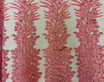 Pink Beaded Peacock Feathers - 3D Vegas Design with Embroidered Sequins and Beads On a Mesh Lace Fabric for Prom Dress ( By Panel )