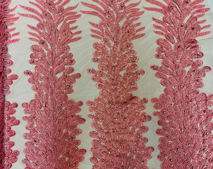 Pink Beaded Peacock Feathers - 3D Vegas Design with Embroidered Sequins and Beads On a Mesh Lace Fabric for Prom Dress ( By Panel )