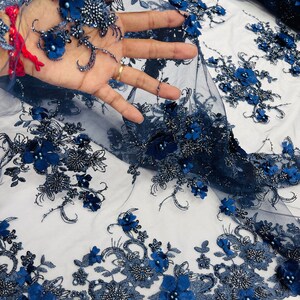 Navy Blue 3D Floral Beaded Embroidery Lace Fabric - Etsy
