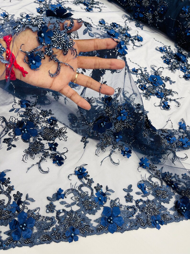 Navy Blue 3D Floral Beaded Embroidery Lace Fabric - Etsy