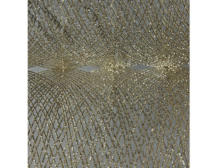 Light Gold Sequins Fabric  - Black Mesh 2Way Stretch Geometric Diamond Design on Mesh Fabric for Prom Gala Gown By The Yard