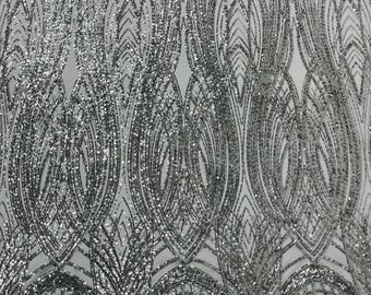 Silver Sequins Fabric | Damask Design on White Mesh, 4 Way Stretch