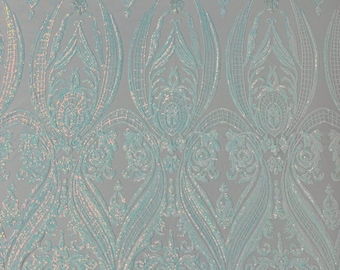 Iridescent Blue Damask Sequin Fabric: 4-Way Stretch Prom Gown Material