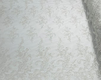 White Floral Lace Fabric with Sequins – Bridal Wedding Gown Material