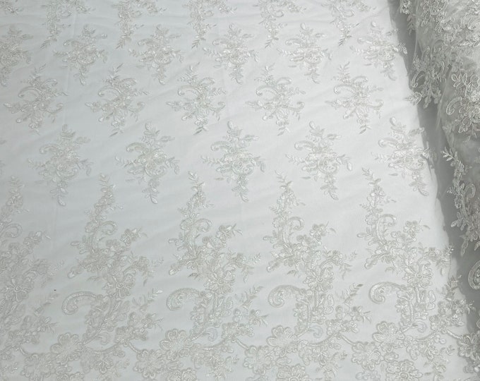 White Bridal Wedding Floral Lace Fabric - by the yard - Embroidery With Sequins on a Mesh Lace Fabric For Gown