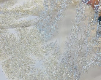 Lt Nude Mesh Ivory Beaded Fabric | Fashion Pattern With Beads and Sequin, Bridal beaded Prom Dress