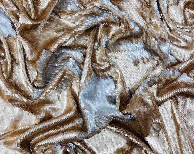 Matte Champagne/Silver Sequins Fabric: 2-Way Stretch Flip-Up Reversible Sequin
