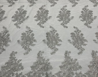 Silver Metallic Floral Lace Fabric: Embroidered Mesh, Scalloped Edge - By The Yard