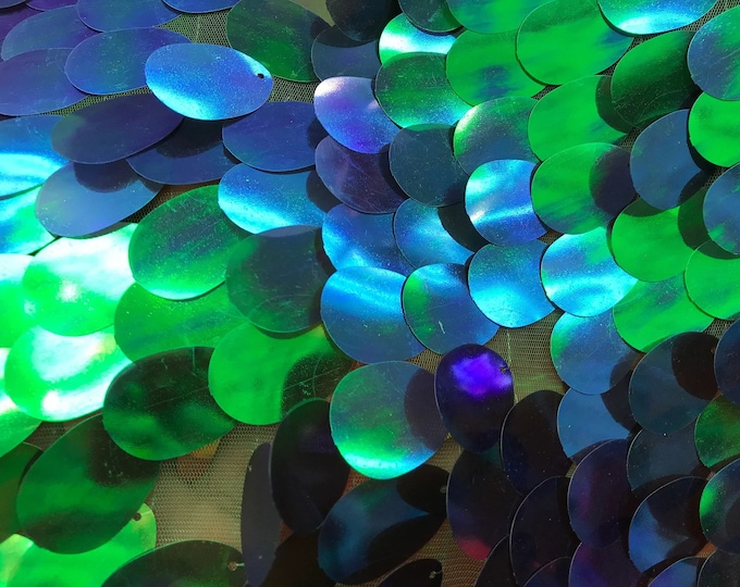 Blue/Green Iridescent Big Sequins Oval Sequin Paillette, by the yard - Tear Drop Mermaid Jumbo Sequins Fabric On a Mesh (Pick a Size)