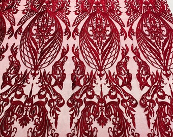 Burgundy Floral Embroidered Lace Fabric, Mesh Wedding Gown Material