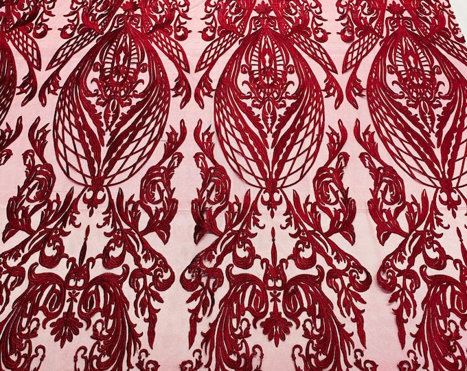 Burgundy Lace Fabric, Corded Flower Embroidery on a Mesh Lace Fabric By The Yard For Gown, Wedding-Bridal-Dress (Choose The Size)