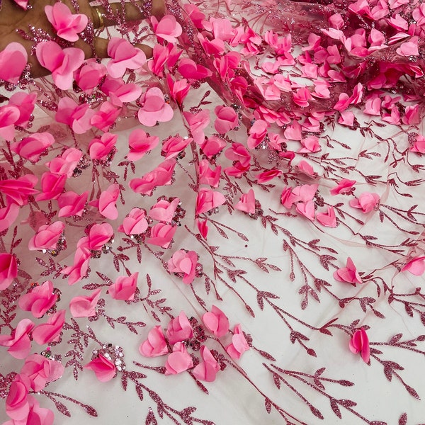 Dusty Pink 3D Flower Glitter Sequin Fabric by the yard, Dusty Pink 3D Floral Glitter Sequin On Mesh for wedding dress Quinceañera