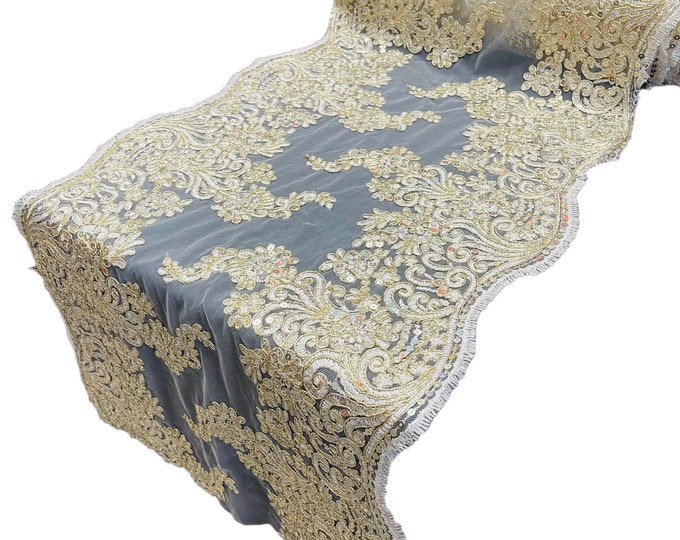 14”Wide Metallic Gold/Ivory Floral Lace Fabric For Runner, by the yard - Embroidery With Sequins on a Mesh Lace Fabric For Applications