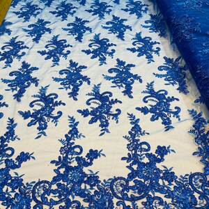 Royal Blue Lace Fabric, Corded Flower Embroidery With Sequins on a Mesh Lace Fabric By The Yard For Gown, Wedding-Bridal-Dress