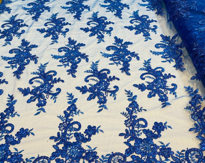 Royal Blue Lace Fabric, Corded Flower Embroidery With Sequins on a Mesh Lace Fabric By The Yard For Gown, Wedding-Bridal-Dress