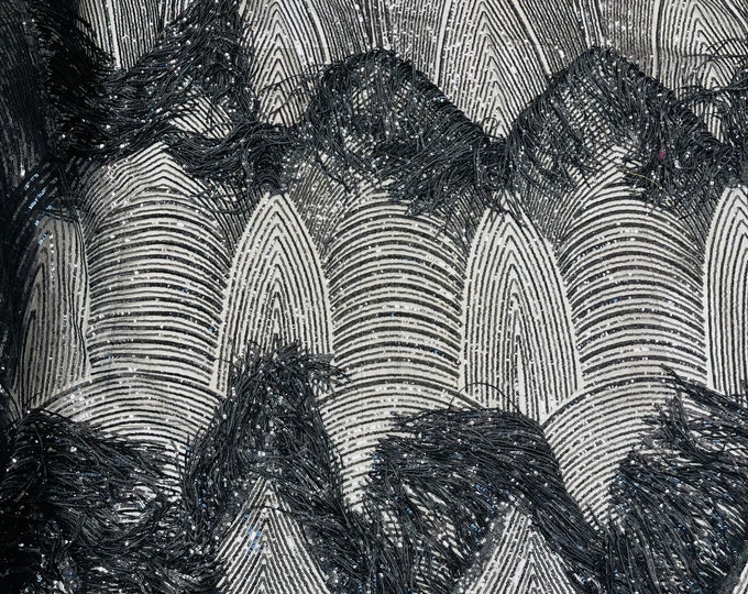 Black Fringe Sequins on a Mesh, Black Fringe Design Embroidered on 2 Way Stretch Fancy Sequin ( Choose The Size )