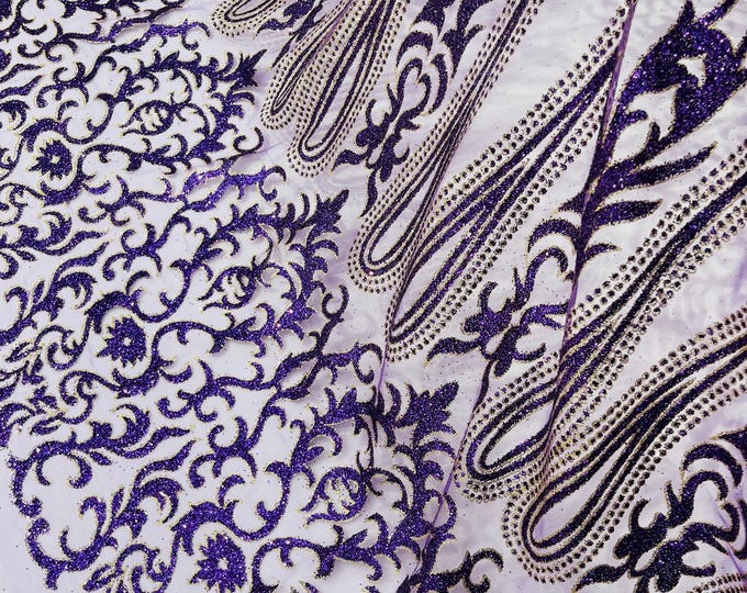 Purple/Gold Glitter Mesh Lace Fabric - Geometric Damask, Bridal, Prom by the yard