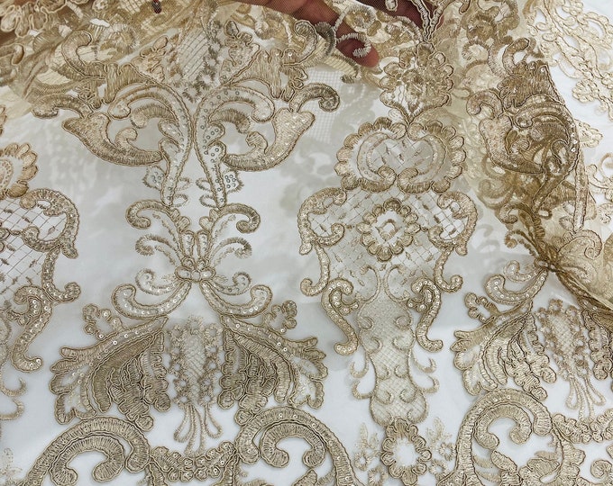 Champagne King Lace Fabric, Corded Flower Embroidery With Sequins on a Mesh Lace Fabric By The Yard For Gown, Wedding-Bridal-Dress