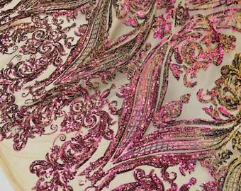Purple Green Iridescent Sequin Fabric by the yard - on Nude Power Mesh, Big Damask Design 4 Way Stretch Sequins Fabric Prom-Gown