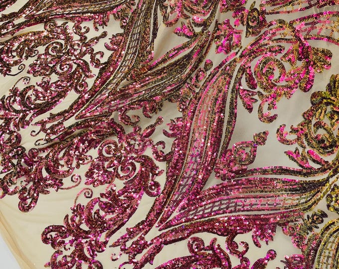 Purple Green Iridescent Sequin Fabric by the yard - on Nude Power Mesh, Big Damask Design 4 Way Stretch Sequins Fabric Prom-Gown