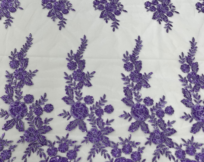 Lavender Floral Pattern Beaded Fabric - Embroidered Beaded & Sequins Wedding Bridal Fabric | Lace Beaded | Sold By The Yard