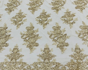 Champagne Floral Lace Fabric: Embroidered Sequins Mesh, Bridal Gown