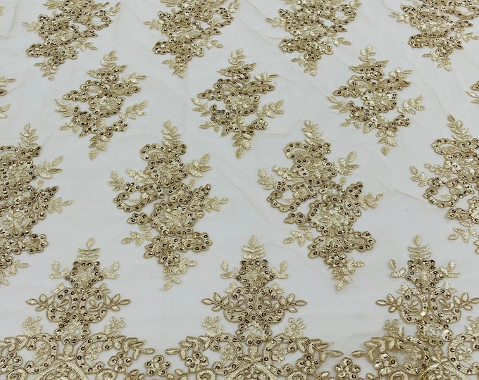 Champagne Floral Lace Fabric - by yard - Embroidery With Sequins on a Mesh Corded Lace Fabric, For Gown - Wedding - Bridal